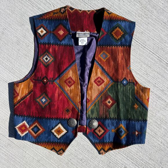 VTG 90s Coldwater Creek muted primary Southwestern Aztec tapestry vest LARGE - Picture 1 of 4